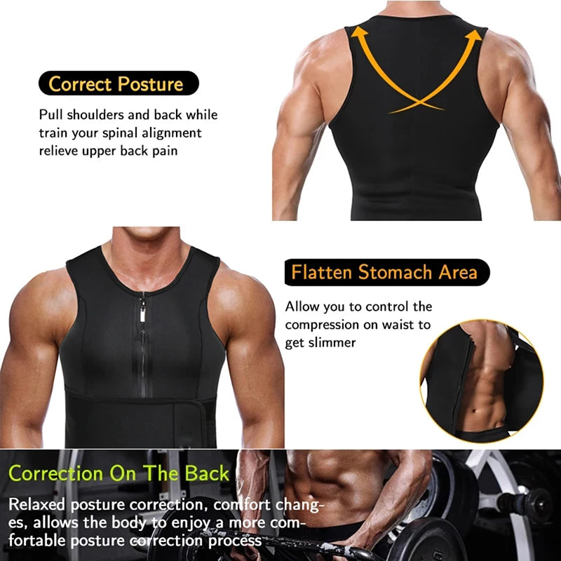 Sauna Workout Suit Men Waist Trainer - Slimming Vest Zipper Body Shaper