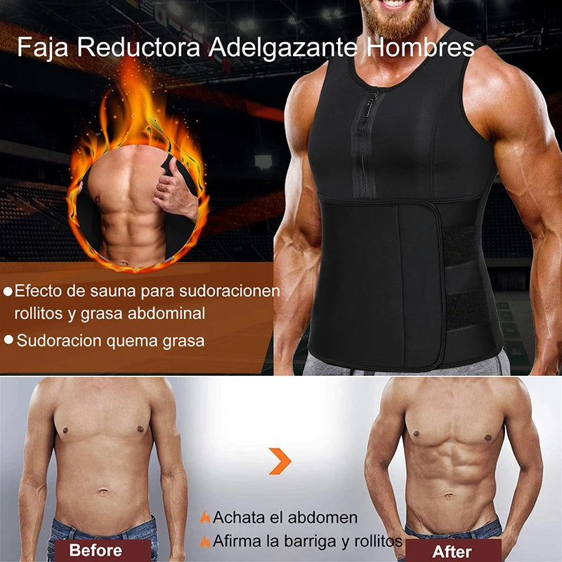 Sauna Workout Suit Men Waist Trainer - Slimming Vest Zipper Body Shaper 