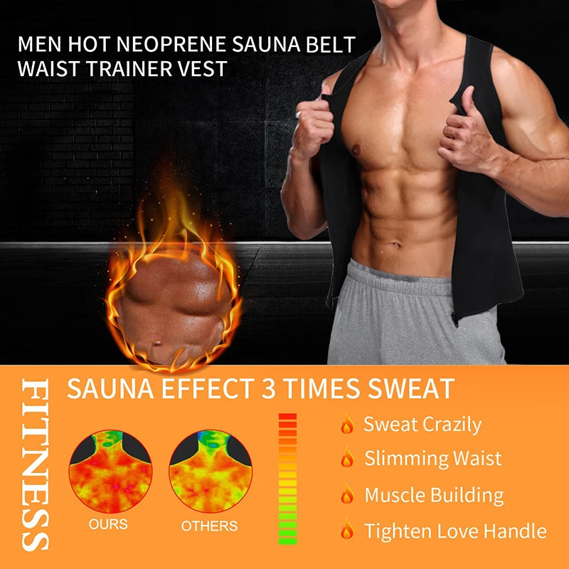 Sauna Workout Suit Men Waist Trainer - Slimming Vest Zipper Body Shaper 