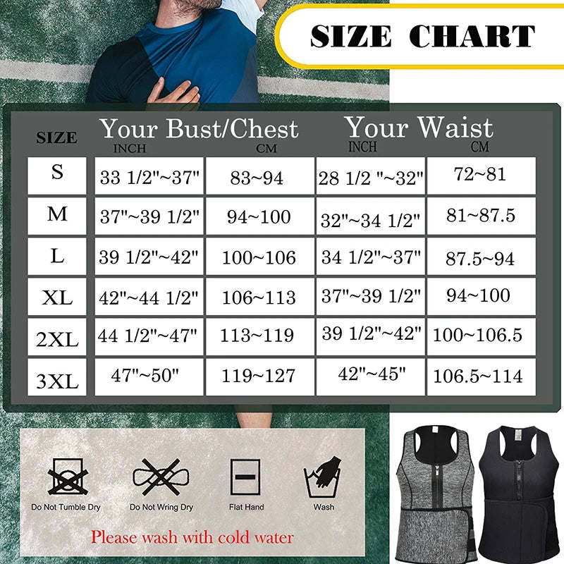 Sauna Workout Suit Men Waist Trainer - Slimming Vest Zipper Body Shaper 