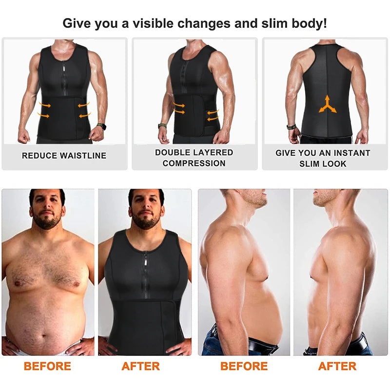 Sauna Workout Suit Men Waist Trainer - Slimming Vest Zipper Body Shaper 